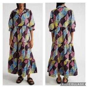 The Oula Company Multi African Print Cotton Maxi Dress Plum Blue Yellow Size S